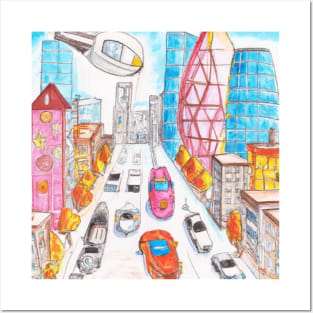 Futuristic City Pencil Drawing Posters and Art